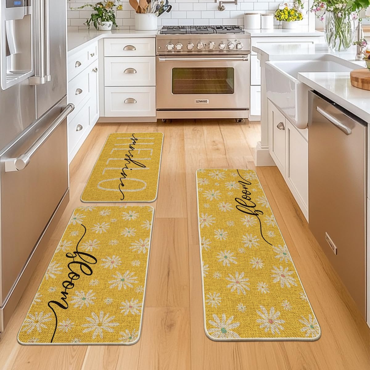 Artoid Mode Yellow Daisy Hello Sunshine Bloom Spring Kitchen Mats Set of 3, Home Decor Low-Profile Kitchen Rugs for Floor - 17"x29"+17"x36"+17"x47"