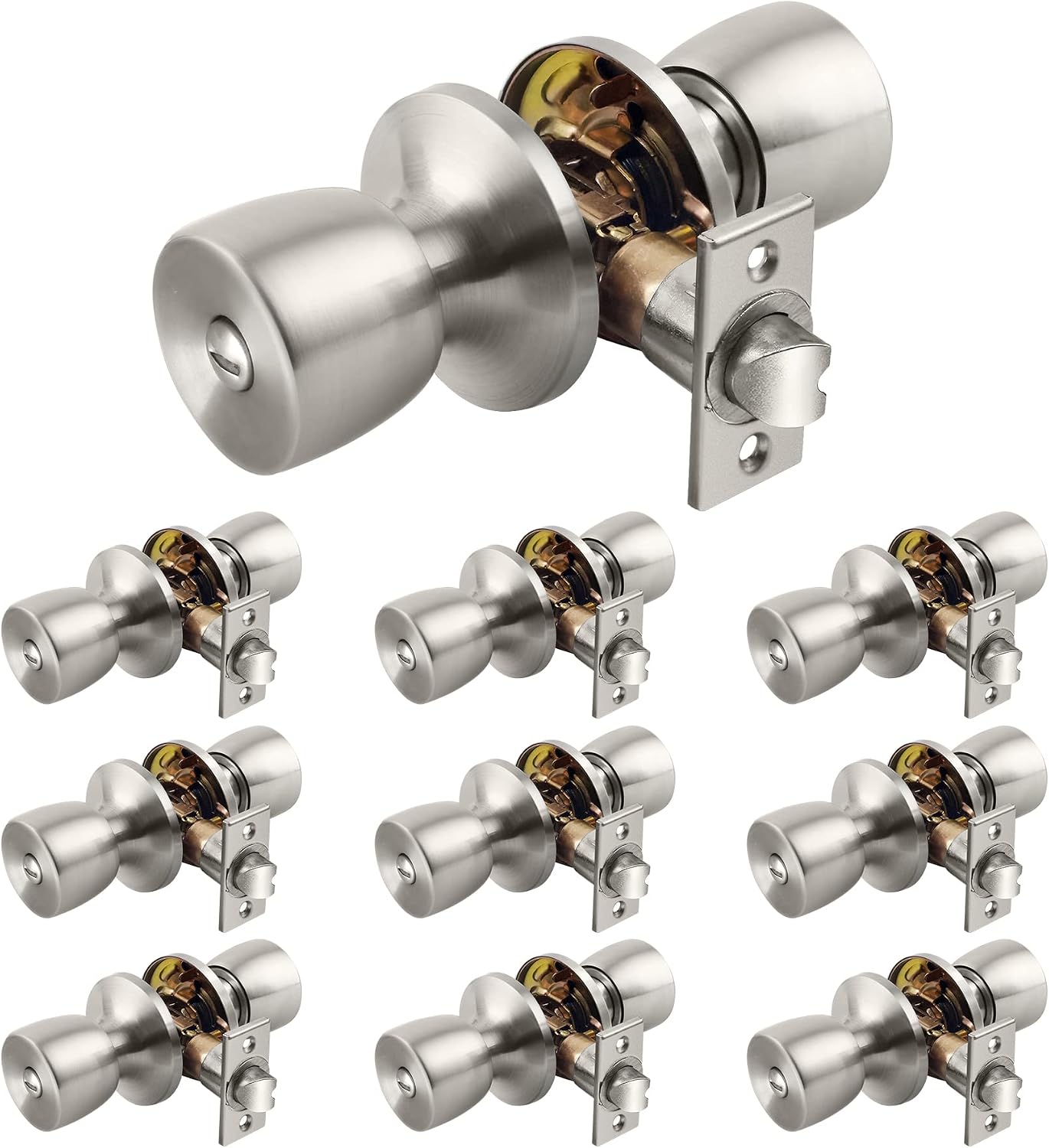 BESTTEN [10 Pack] Privacy Door Knobs, Berlin Series Door Handle Lockset with Removable Latch Plate, Tulip Interior Keyless Doorknobs for Bedroom or Bathroom, All Metal, Satin Nickel