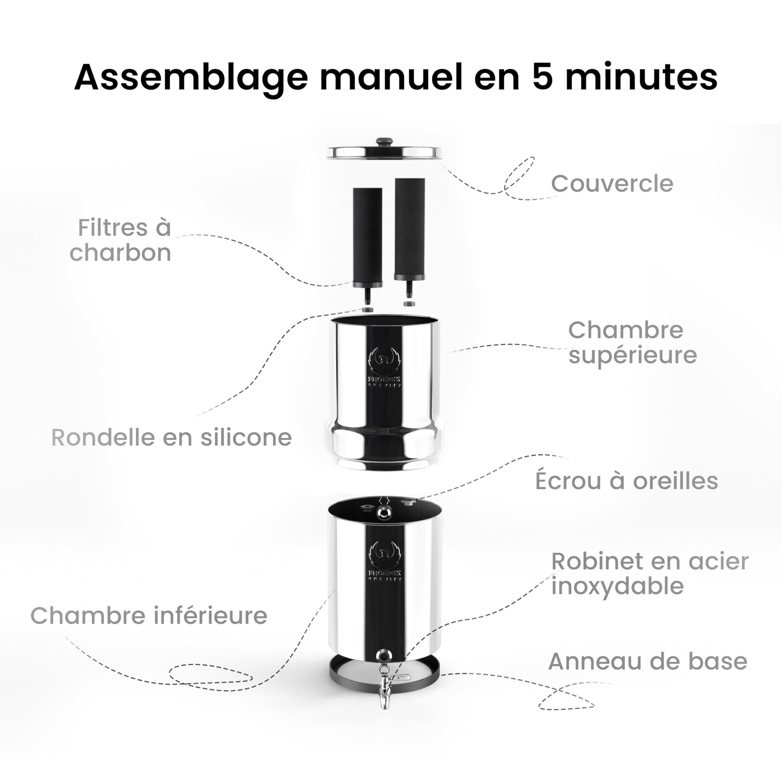 Phoenix Gravity - 6 litres certifié NSF/ANSI 42 et 372 système de filtration d’eau sur comptoir en acier inoxydable avec 2 cartouches Smart Carbon (noir), Free acier inoxydable Tap