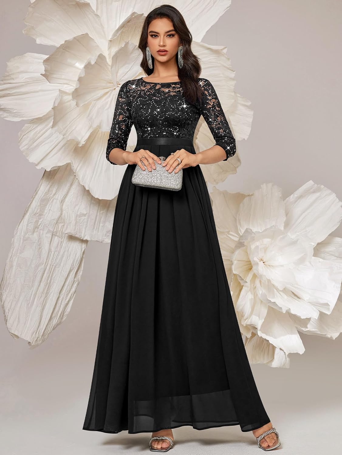 Miusol Women's Classy Scoop Neck Sequined Floral Lace Home Coming Party Maxi Dress - Image 6