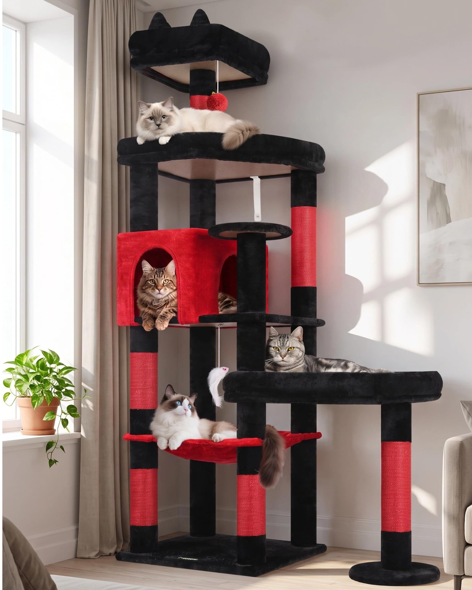 Globlazer 65in Gothic Sturdy Cat Tree for Indoor Large Cat, S65, Black Red