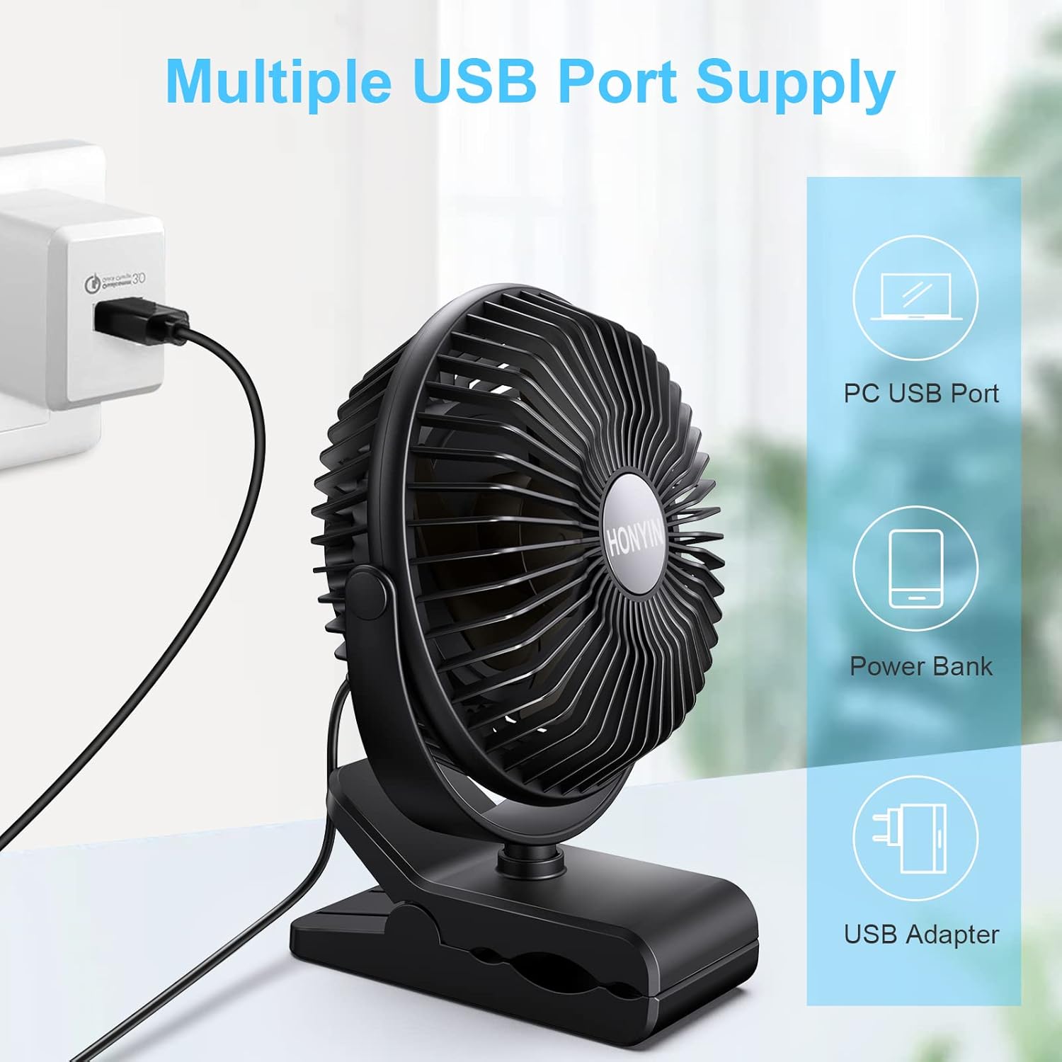 Portable Clip on Fan, 6 Inch Small Fan with USB Cord Powered, Personal Cooling Fan with 3 Speeds, Sturdy Clamp, Quiet Electric Fan for Office Bedroom Desktop, Clip Hang Desk Fan 3 in 1- No Battery : Home & Kitchen