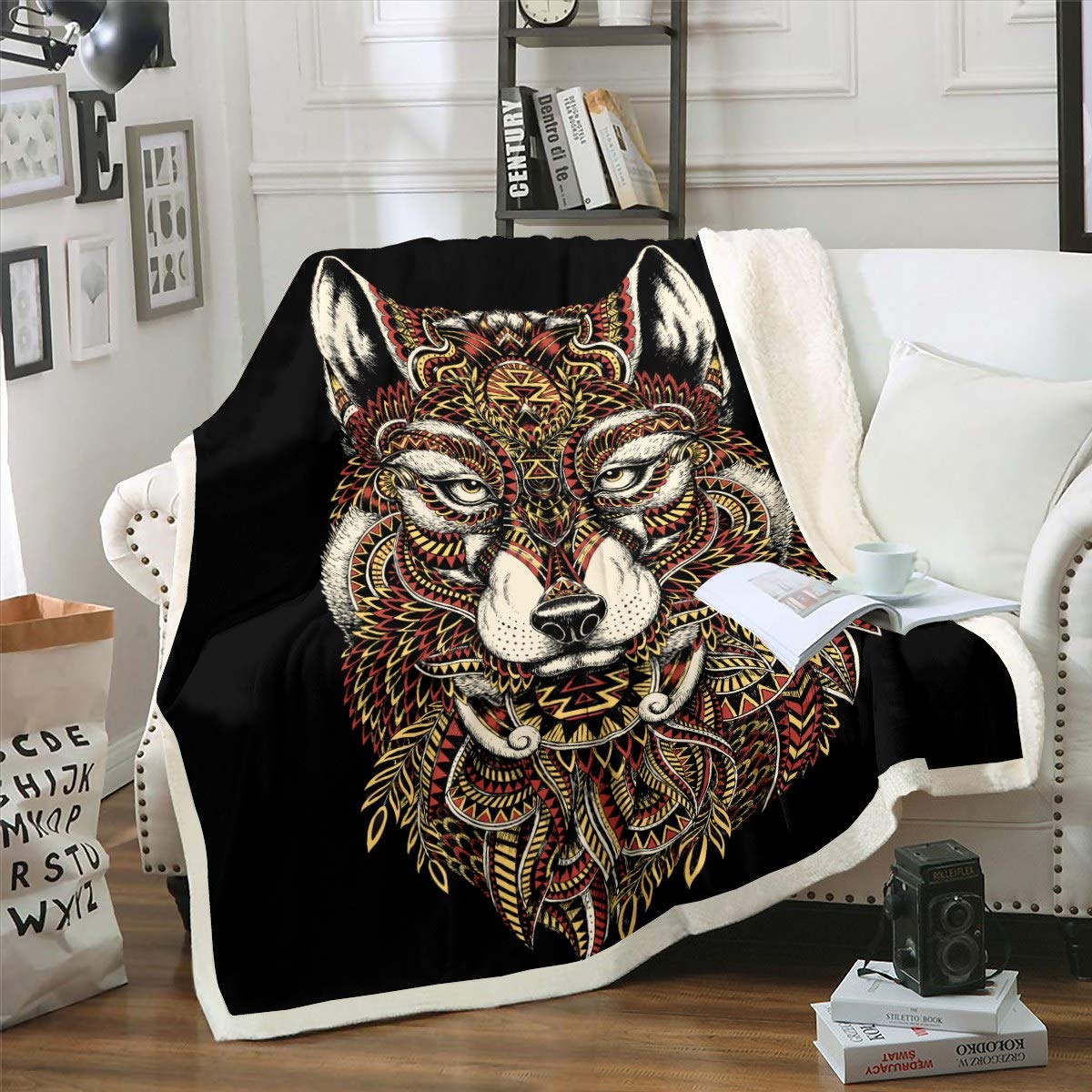 Loussiesd Wolf Fleece Throw Blanket - Boho Wildlife Sherpa for Sofa Couch Bed - Bohemian Style Stain Resistant Exotic Wild Wolf Room Decor - Double 60"x79" Flannel