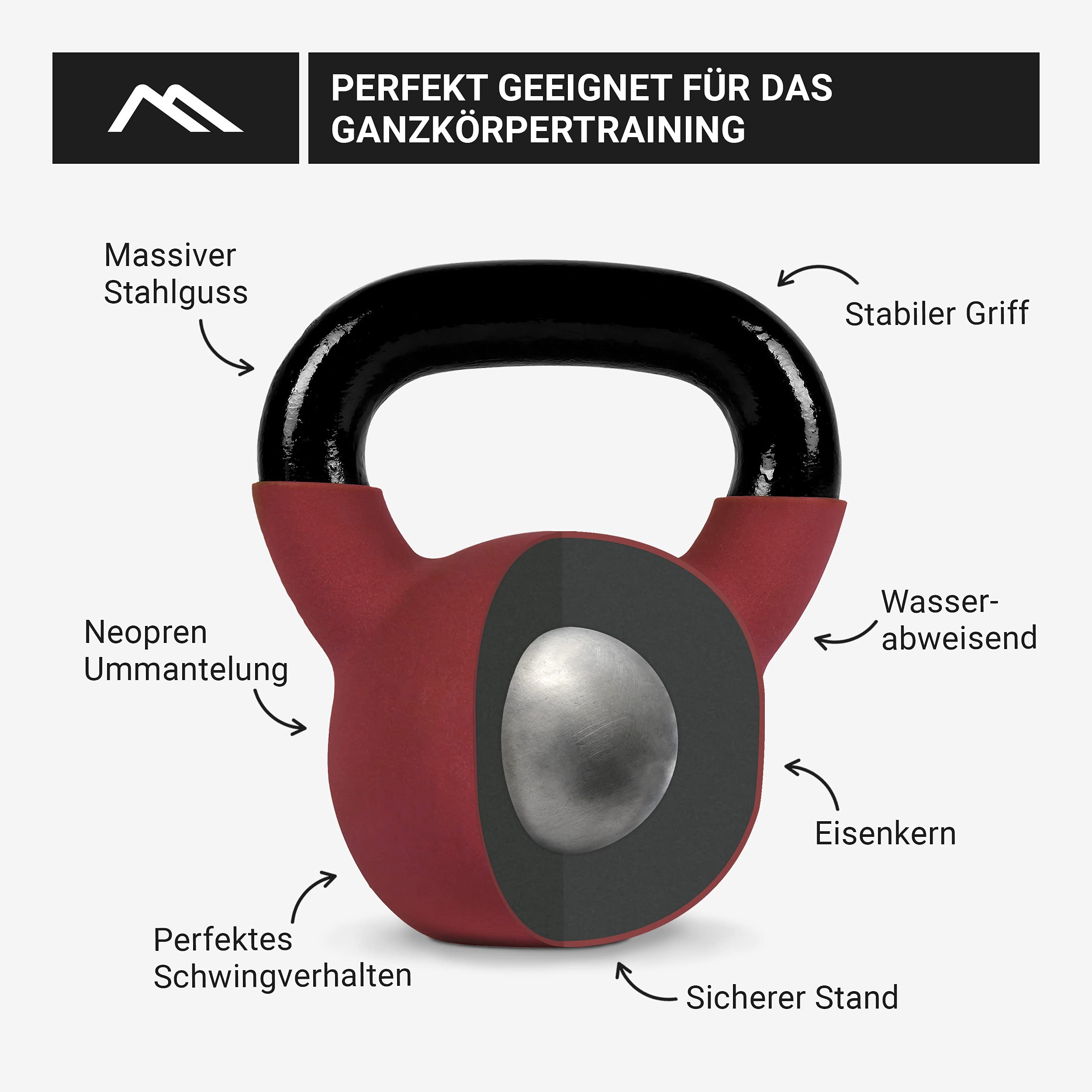 MSPORTS profesjonalne, neoprenowe hantle kettlebell, 2-30 kg, w zestawie Plakat z ćwiczeniami, hantle kettlebell 30 kg - Bordeaux