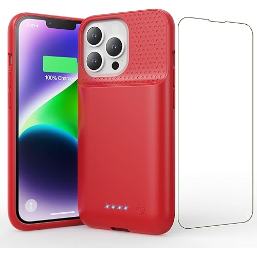 Ekrist 7500mAh Battery Case for iPhone 13/13 Pro/14 (6.1 Inch), Red, Built-in Screen Protector, Portable Rechargeable Protective Extended Battery Charger Case
