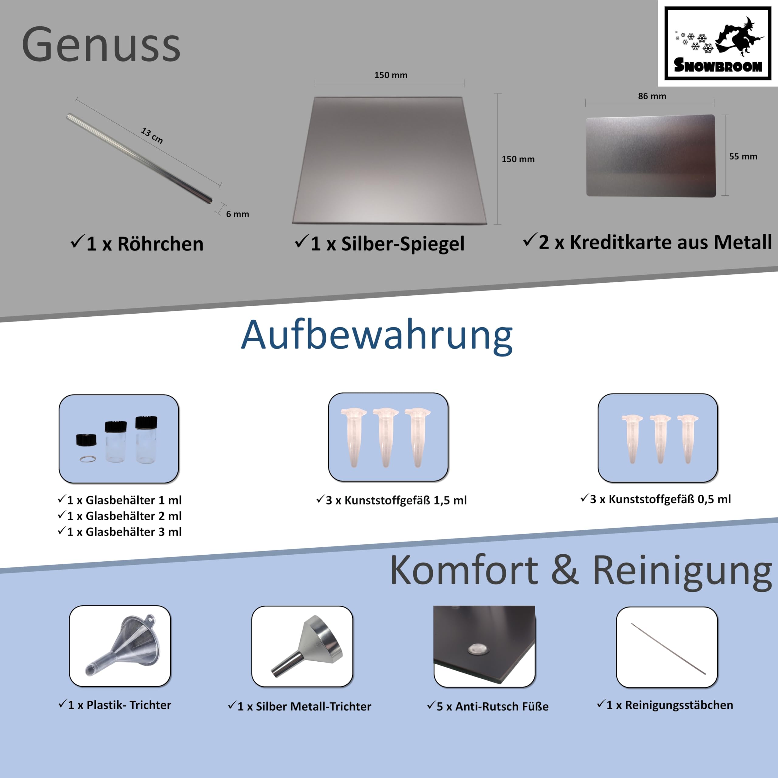 Schnief und Sniffer Set mit Spiegel 2 x Silber Metall-Ziehröhrchen Glasfläschchen 2 x Metallkarten Trichter – Zubehör für Portionierung & Transport