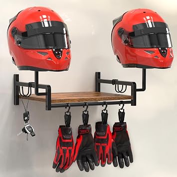 Helmet Rack Wall Mount, Motorcycle Helmet Holder, Plate Rack Display Organizer for Motorcycle Accessories, Gear Storage Rack with 4 Glove Clips, Wood & Metal Stand with 4 Side Hooks, Brown