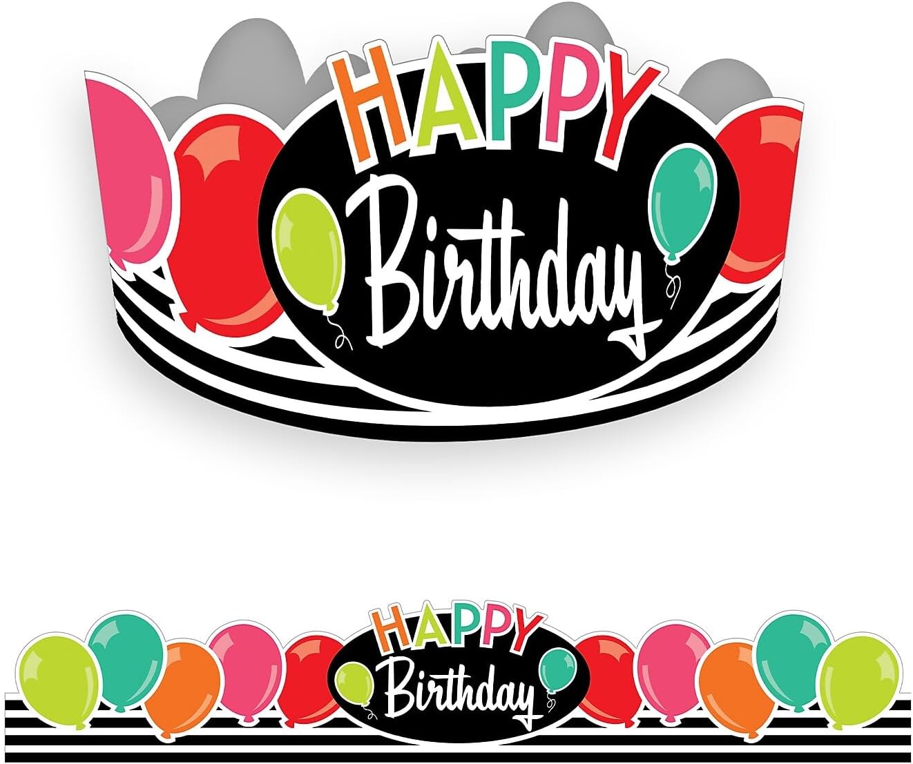 Schoolgirl Style Black, White and Stylish Happy Birthday Crowns—Full-Color, Pre-Cut Crowns for Birthday Celebrations, Festive Classroom Parties (30 pc)