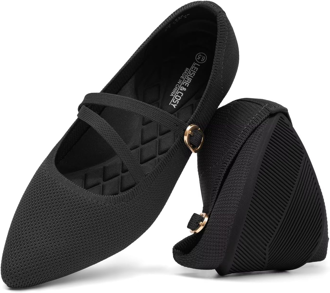 Women's Mary Jane Flats Knit Ballet Flats Pointed Toe Comfortable Ballerina Walking Dressy Office Slip-on Shoes with Adjustable Straps