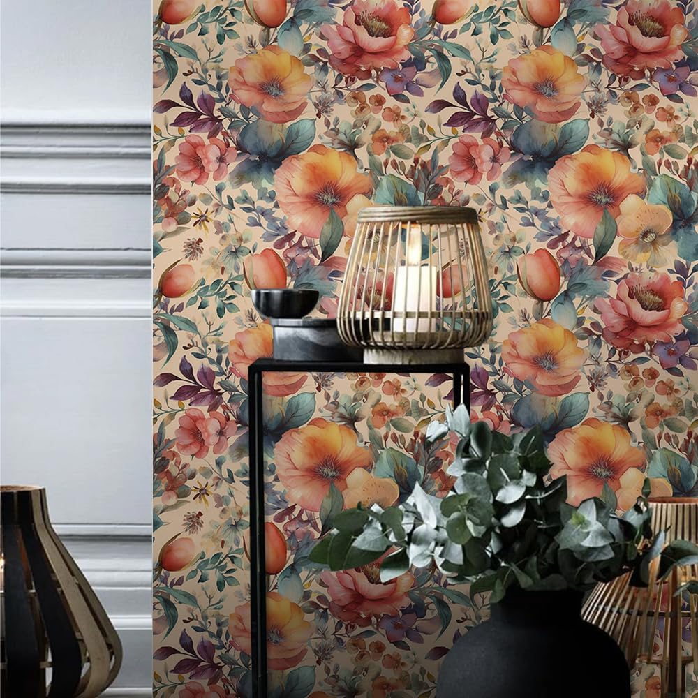 18"x236"Boho Vintage Orange/Yellow Poppy Flowers Peel and Stick Self Adhesive Wallpaper Removable Stick on Easy Peel Off Wall Paper for Kitchen Bedroom Bathroom Renter