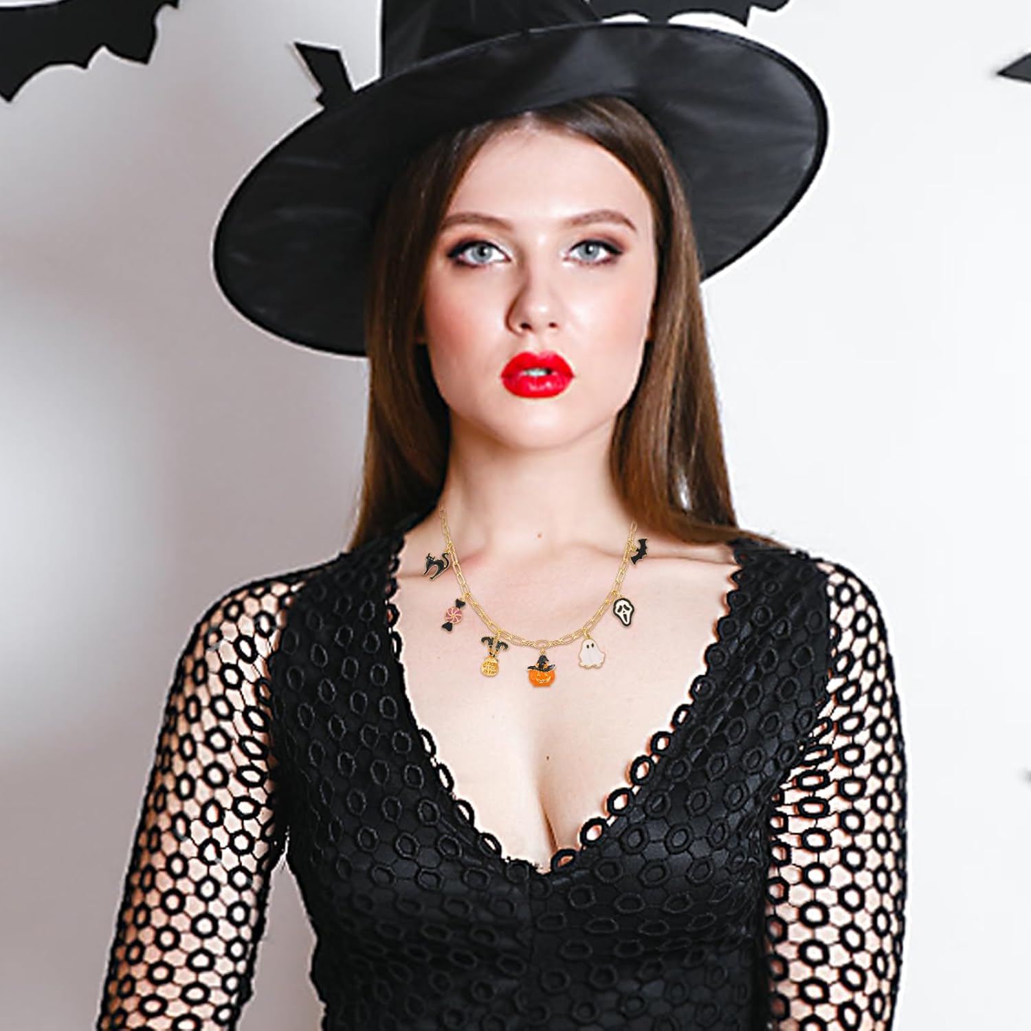 NEKOL Halloween Charm Necklace for Women, Horror Pumpkin Candy Canes Ghost Spooky Skeleton Charm, Long Paper Clip Chain Choker, Costume Party Jewelry Gifts - Image 7