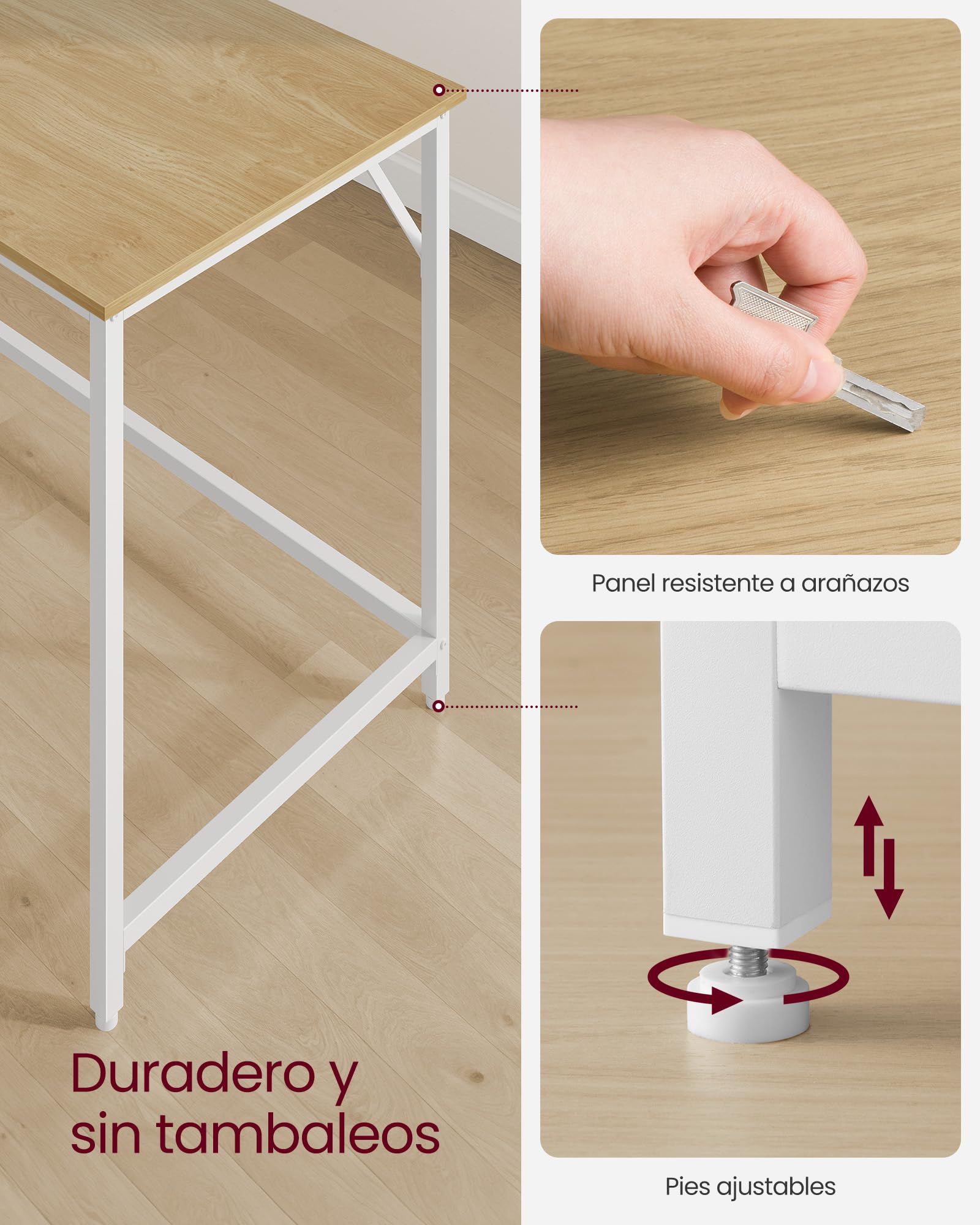 VASAGLE Escritorio, Mesa Oficina Pequeña y Estación Trabajo, Mesa para Teletrabajo, Estudio, Dormitorio, 60 x 120 x 76 cm, Estilo Moderno, Estructura Metal, Roble Natural y Blanco Perla LWD039W70