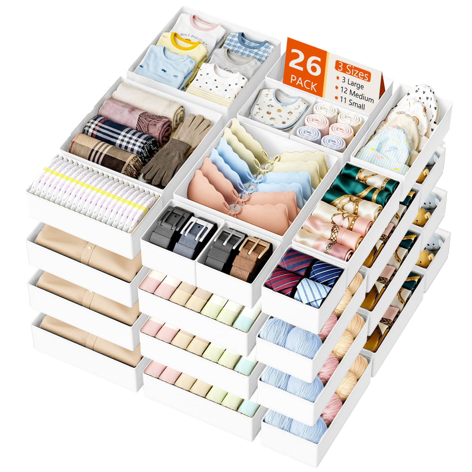 Homsorout 26 Pack Drawer Organiser for Clothing - Foldable Drawer Dividers Fabric Wardrobe Organisers and Storage for Clothes, Socks, Underwear, Belt, Dresser, Nursery - White — image 1