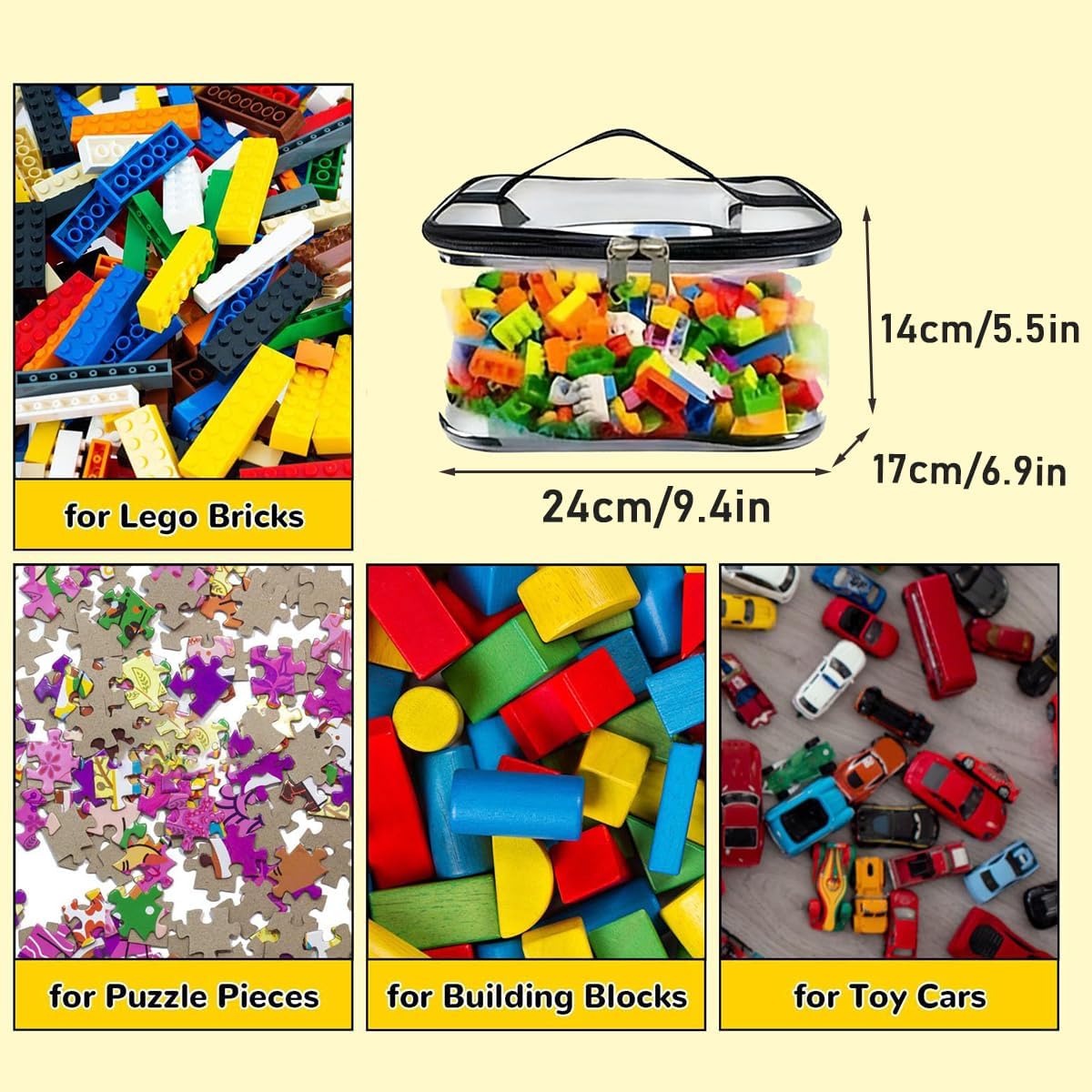 ThreeH 3-Pack Clear Toy Storage Bags PVC Storage Organizer with Handles for Kids Blocks & Puzzles Transparent Zipper Pouch