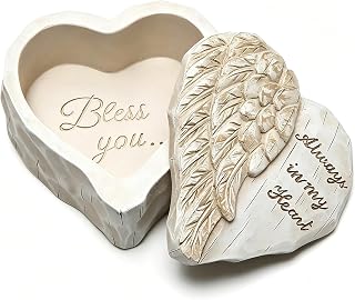 Heart-Shaped Angel Wing Jewelry Box, White Resin, 'Always in My Heart' Engraved, 3.34 x 1.77 Inch, Keepsake Storage
