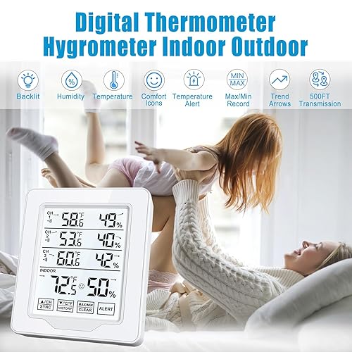 Miniatura 2 de Termómetro inalámbrico para interiores y exteriores con 3 sensores remotos, medidor digital de temperatura y humedad con rango de 500 pies492.1 ft,