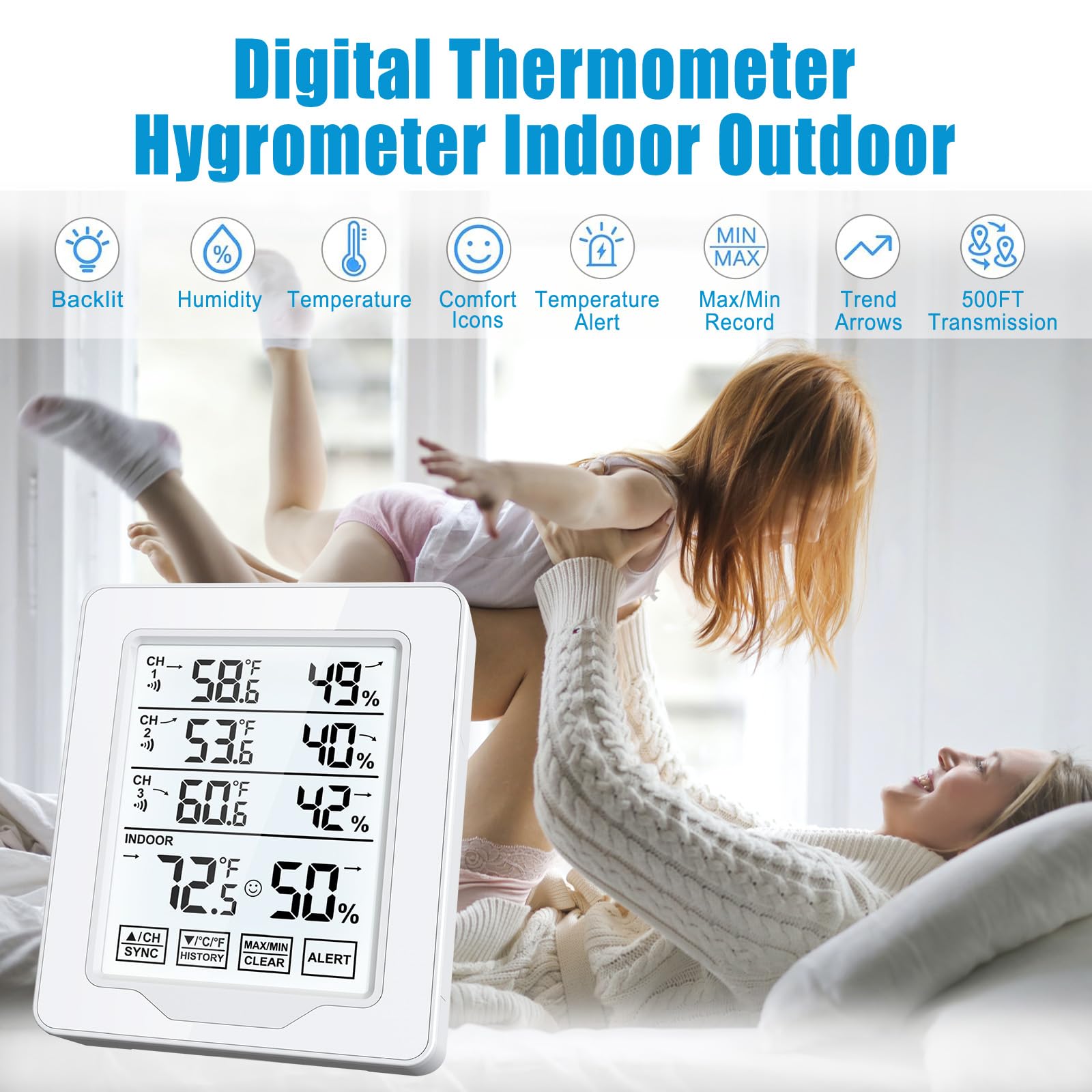 Termometro wireless per interni ed esterni, con 3 sensori remoti, misuratore digitale di umidità della temperatura con portata di 150 m, allarme temperatura e retroilluminazione