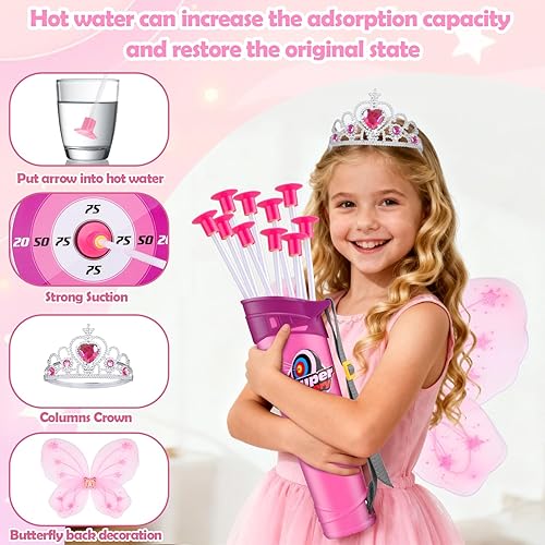Miniatura 7 de Juego de arco y flecha rosa para niñas, juego de tiro con arco con luz LED con 10 flechas de ventosa, objetivo, alas de hadas y corona de princesa,
