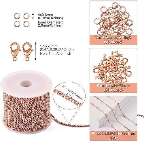 Miniatura 5 de Pandahall - Cadena de eslabones de latón chapado en oro rosa real de 16.4 pies sin soldar, cadena de eslabones trenzados, kit de fabricación de