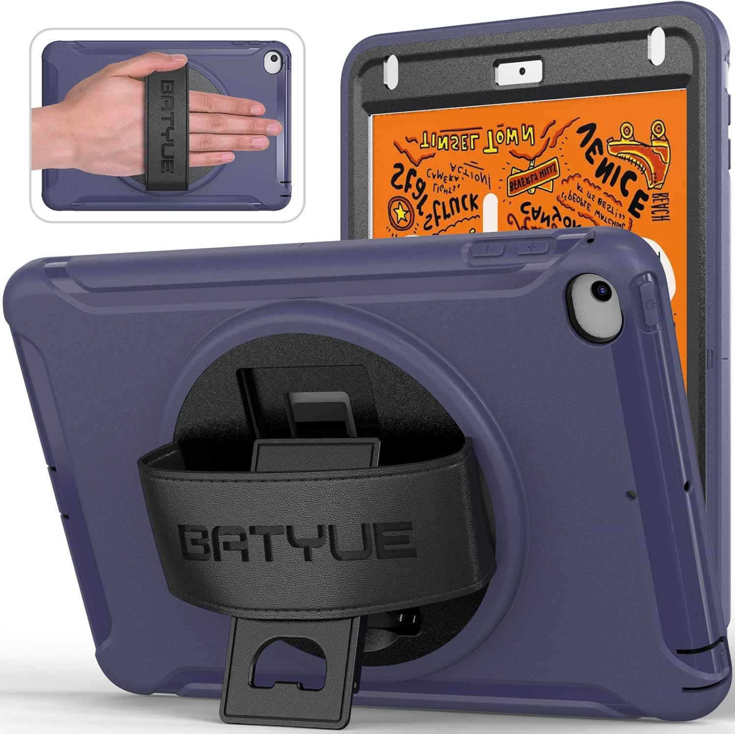 50% Off Discount BATYUE Case for iPad Mini 5/Mini 4, Triple Layer [Heavy Duty] Rugged Shockproof Protective Cover with 360 Degree Rotating Stand/Leather Hand Grip for Apple iPad Mini 5th/4th Generation-Kids (Blue)