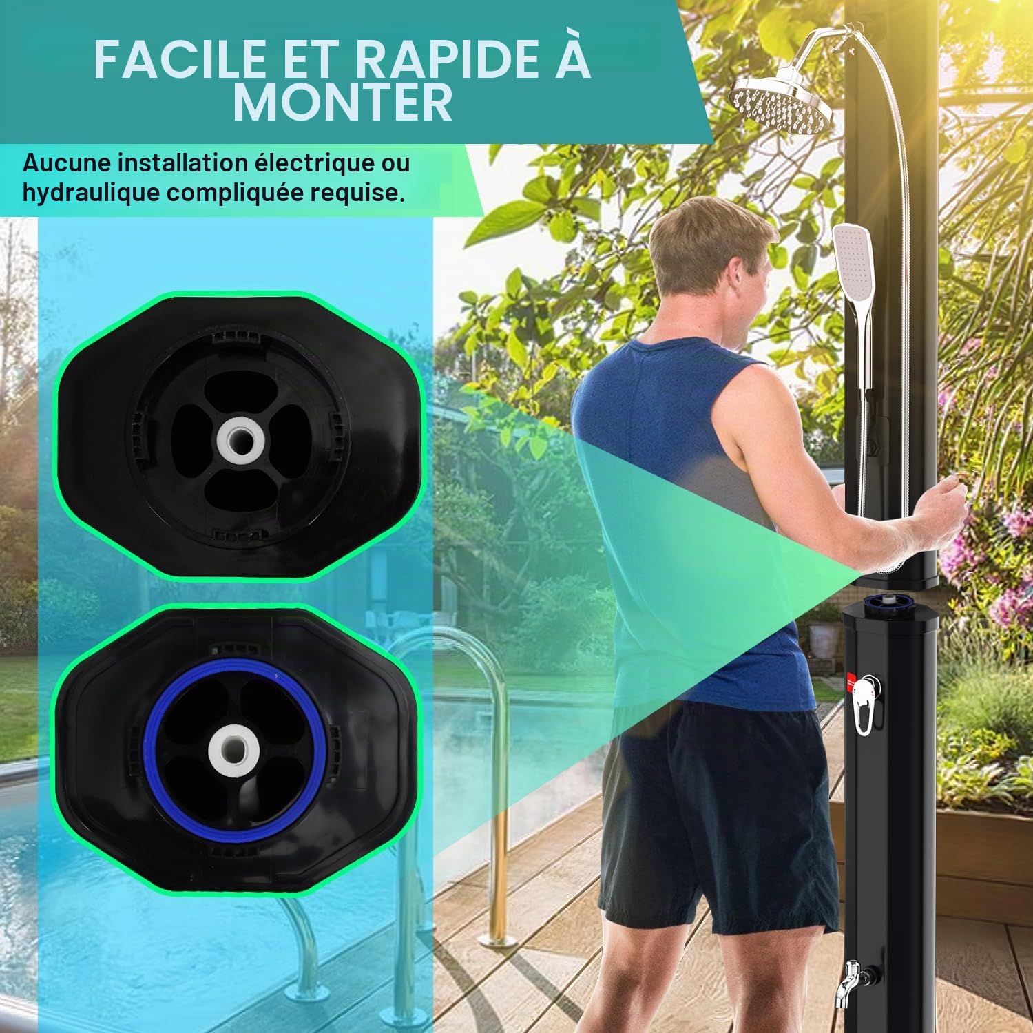 Randaco Douche Solaire de Jardin - Eau Chaude jusqu'à 60 °C - sans raccordement électrique - Douche de Piscine - Camping avec douchette à Pied et douchette à Main - Tête de Douche à Effet Pluie