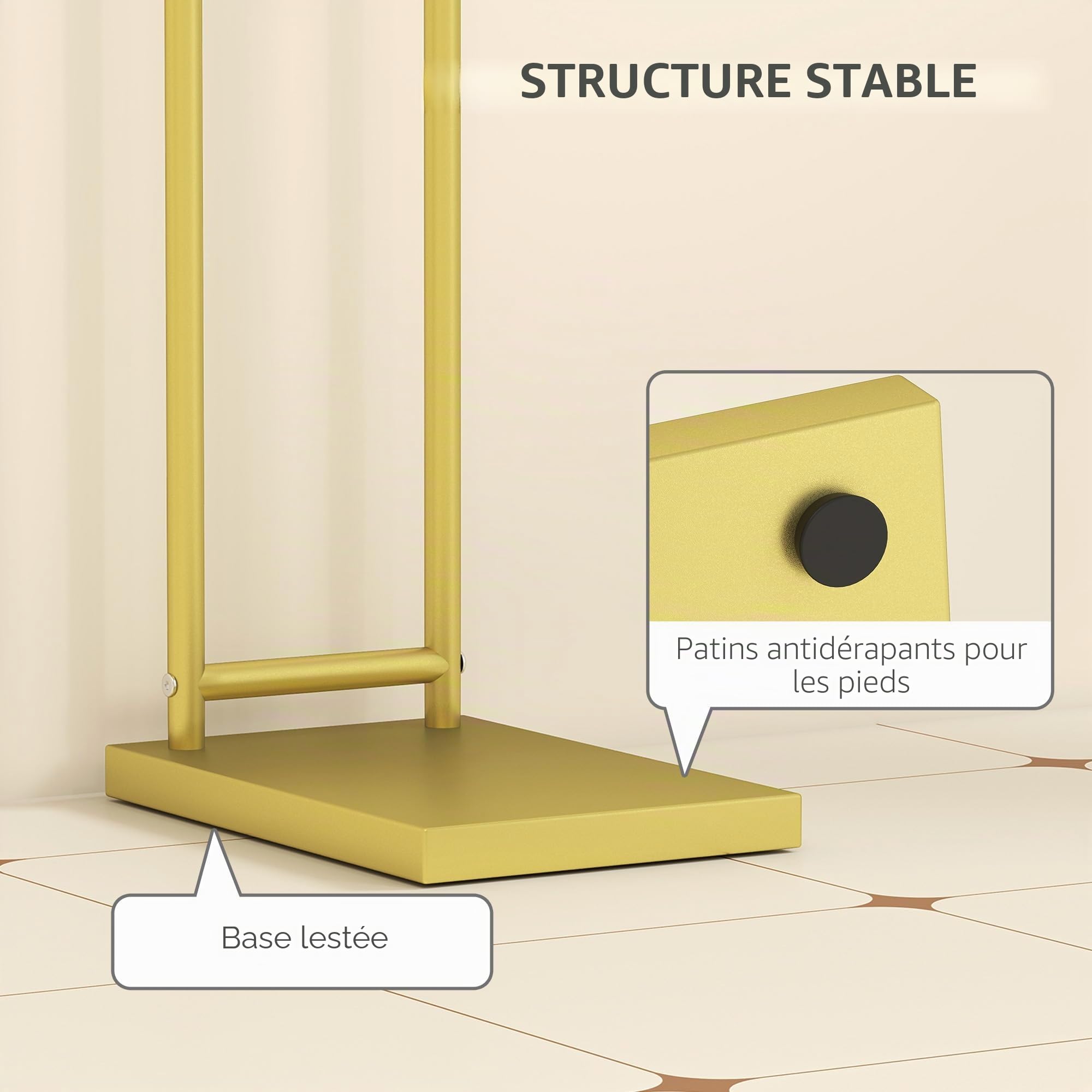 HOMCOM Porte-serviettes sur pied à 2 niveaux avec 2 barres 35,5 x 20 x 78 cm Doré | Porte-serviettes échelle de salle de bain, cadre métallique, style moderne, en forme de L