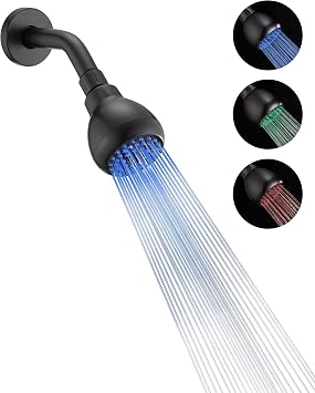 High Pressure Led Showerhead, High Flow Shower Head with 3 Colors Light Changing, Changes Color with Temperature, Basic Showerhead with Light, No Battery, Easy Installation, Matte Black