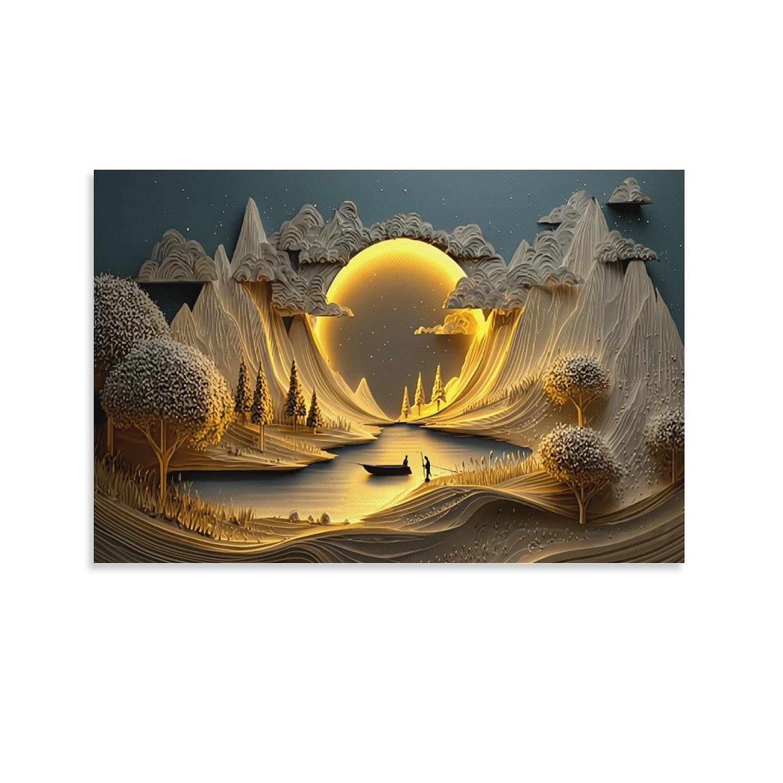 XPASHIQWC Warm Light Mountains And Boat Poster Artwork Giclee Canvas Prints Modern Wall Art Picture Wall Hanging for Dining Room Kitchen Home Office Decor 20x30inch(50x75cm)