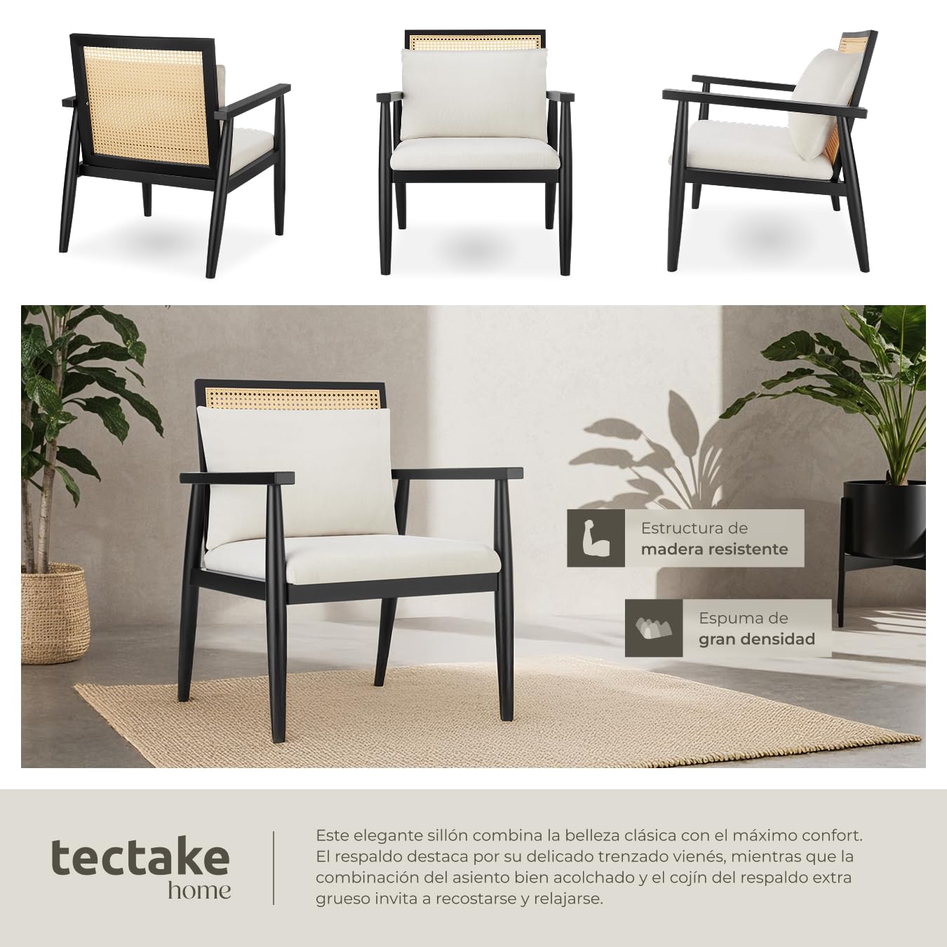 tectake® Sillón Vintage con Mimbre Vienés y Cojín Extraíble, Butaca de Salón con Reposabrazos y Gran Respaldo, Sillón Lectura, Sillón Relax de Fácil Montaje y Limpieza, Ideal Mueble Salón, Dormitorio