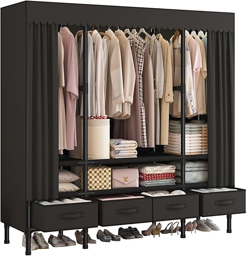 Miniatura 8 de Armario portátil, perchero resistente con cubierta, armario con 1 varillas para colgar, 2 estantes de almacenamiento y 2 cajones, 27.5 pulgadas de