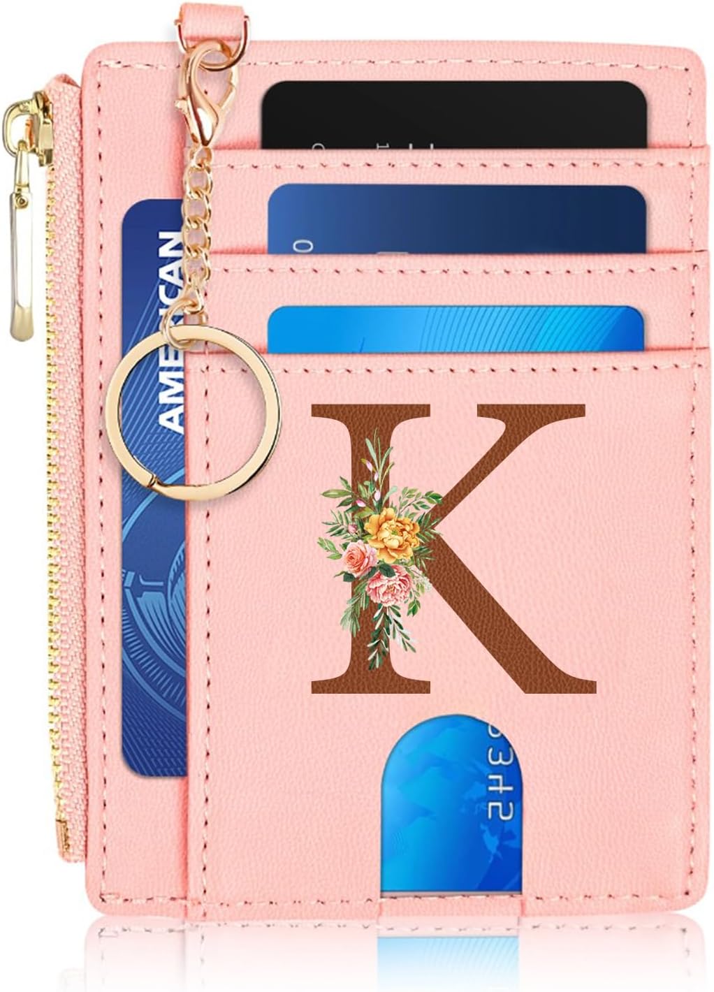 Credit Card Holder for Women, Slim Wallet for Women RFID Blocking Wallet Small Compact Card Case with ID Window Zipper Pocket, Birthday Gifts for Women Girls Daughter,Initial Letter K(Pink)