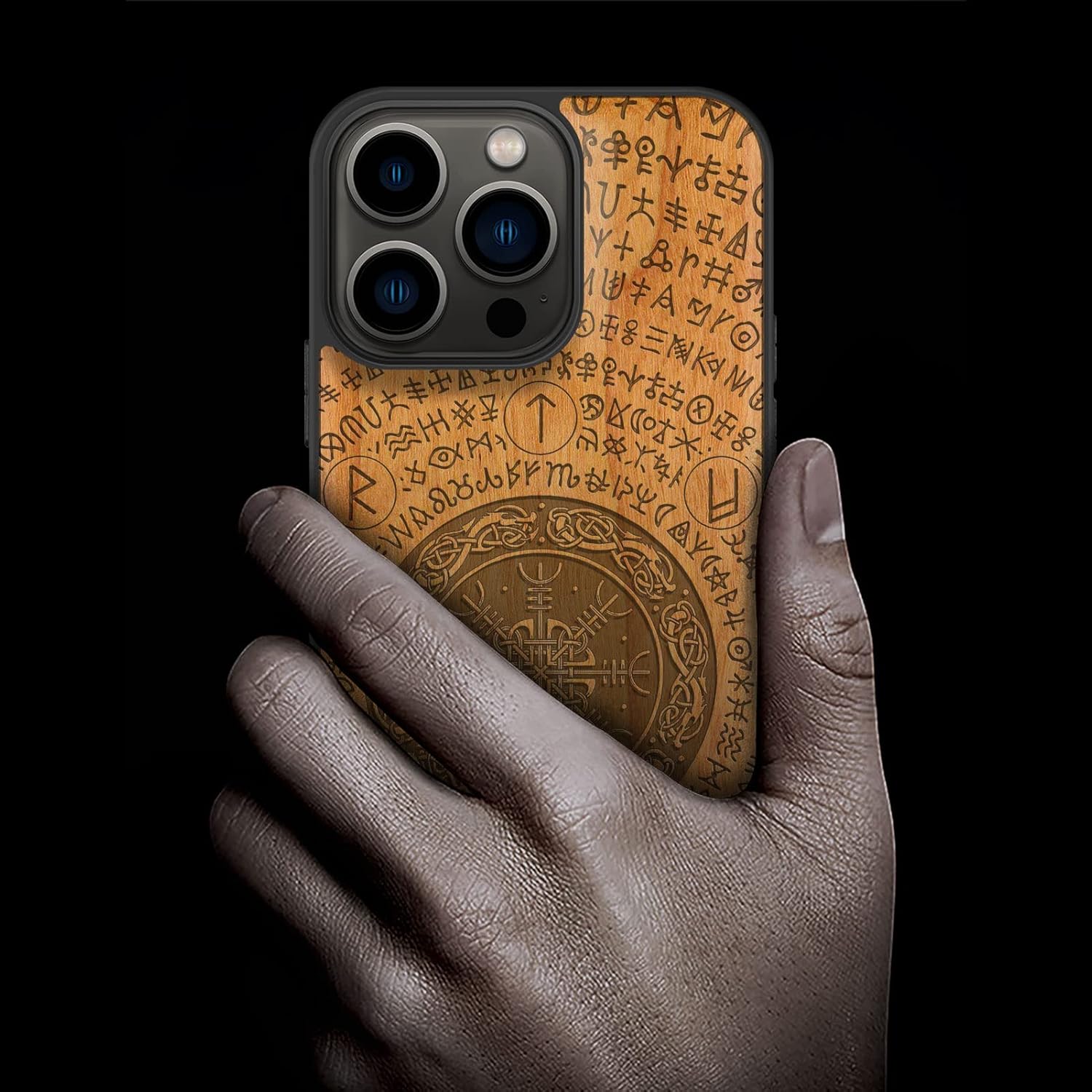 Carveit Magnetic Wood Case for iPhone 13 Pro Case [Natural Wood & Black Soft TPU] Unique & Classy Wooden Shockproof Protective Cover Compatible with magsafe (The Vegvisir of Viking -Cherry)