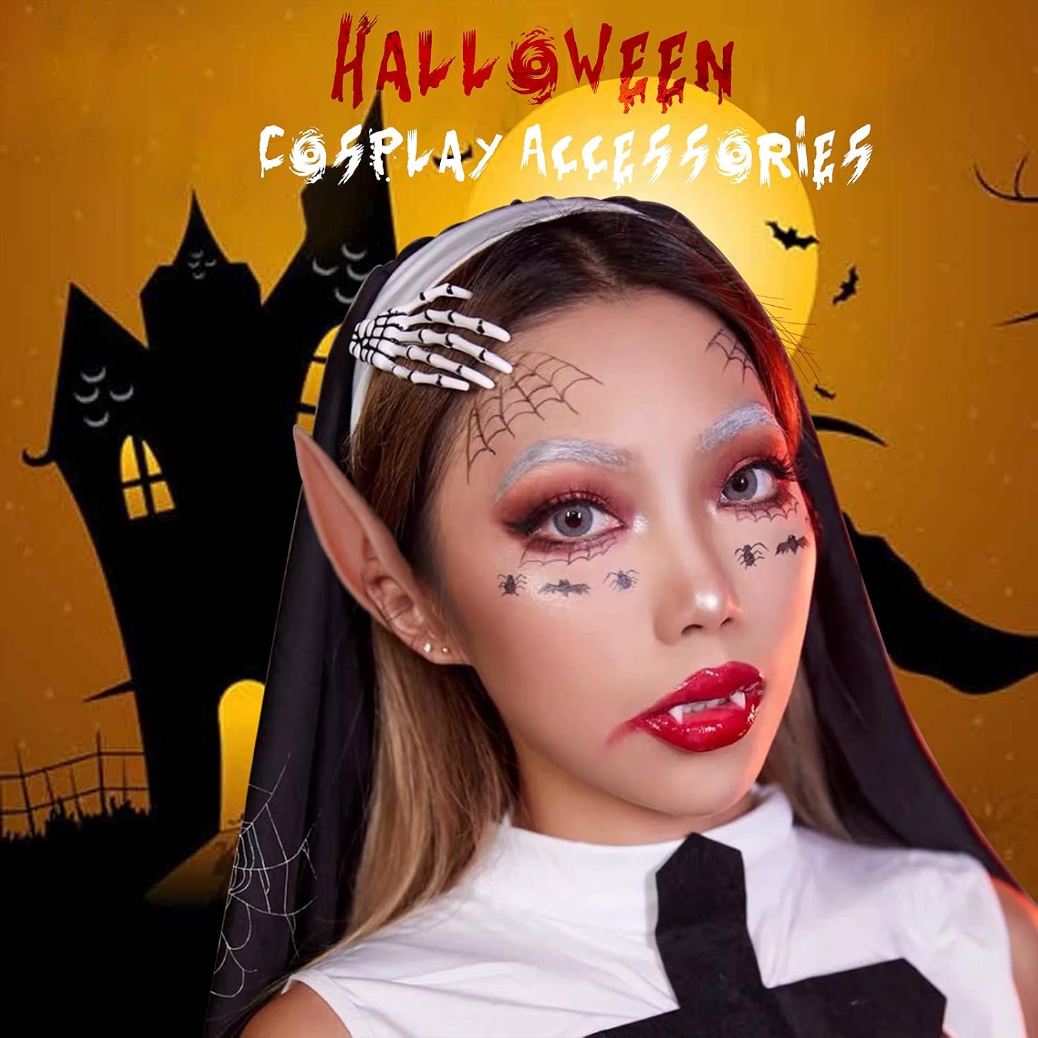 Cosplay Accessories Elf Ears Fangs - Fairy Pixie Soft Pointed Tips Ear&Vampire Fake Teeth with Pellets,Anime Party Dress Up Costume Masquerade Accessory Gift for Halloween Christmas Party