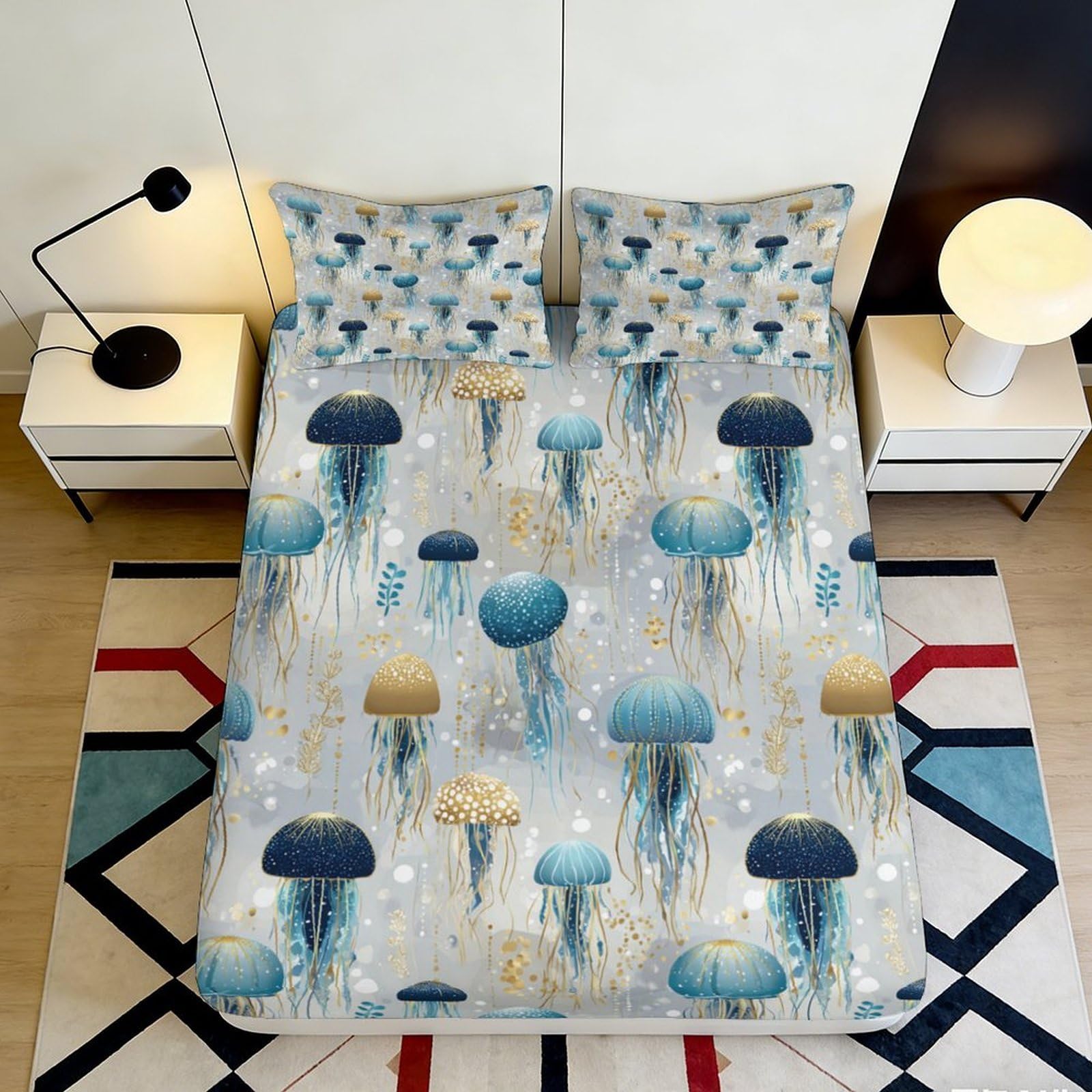3D Printed Jellyfish Fitted Sheet Microfiber Soft Breathable Ocean Pattern Bed Cover for Bedroom Dormitory Guest Room Mattress Protection Decor 180x200x25cm
