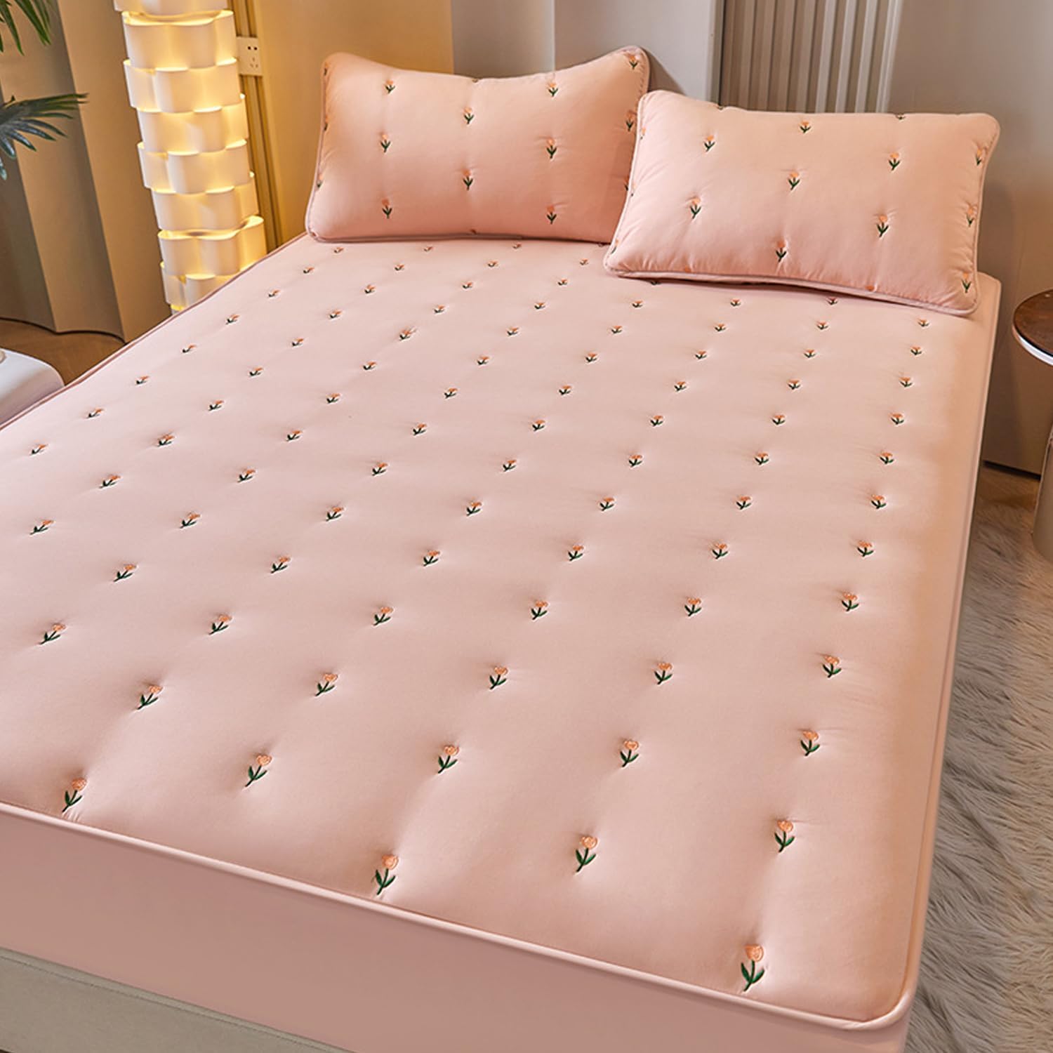 Warm Mattress Protector Queen Size Washed Cotton Fitted Sheet Thicken Bed Sheet Super Soft Mattress Cover Protector with 12In Deep Pocket for Bedroom Apartment,B/Gray,120 * 200cm(Full)