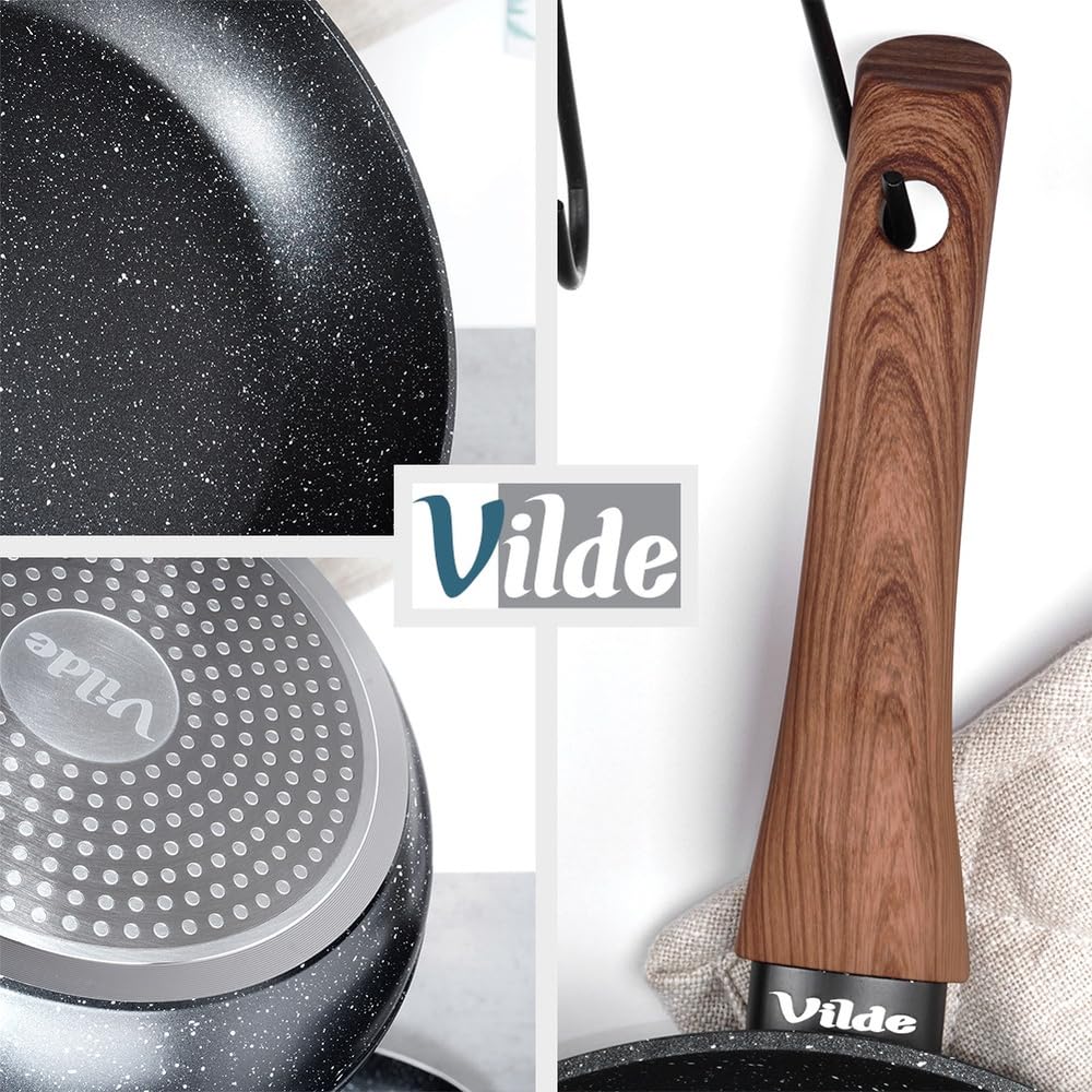Vilde 3-częściowy zestaw patelni do kuchenek indukcyjnych z aluminium, nieprzywierająca powłoka granitowa, patelnie 20/24/28 cm, nadają się do mycia w zmywarce, uchwyt o wyglądzie drewna