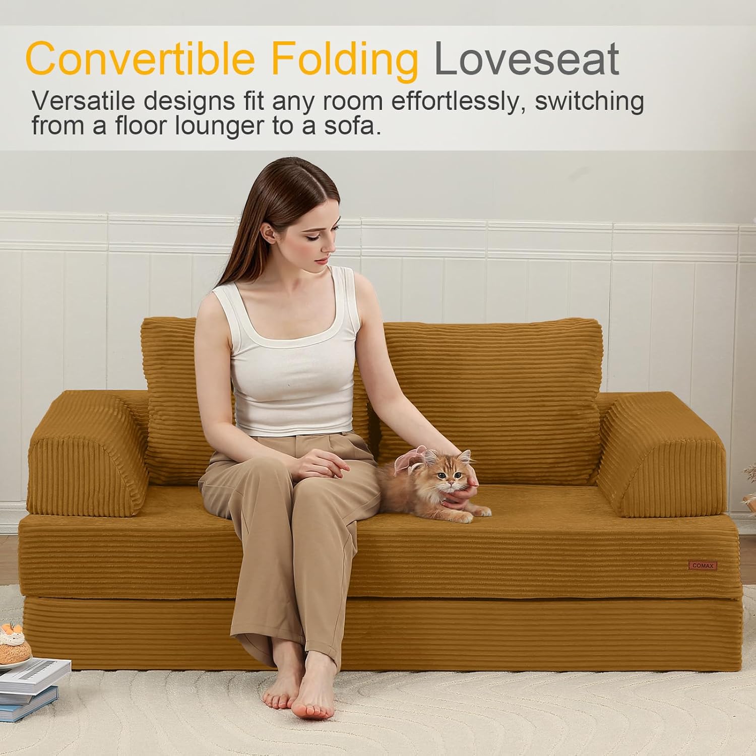 COMAX Futon Sofa Bed, Convertible Folding Sofa Bed, Boneless Couch Loveseat Corduroy with Pillows, Small Foldable Floor Couch Comfy Lounge Sleeper for Living Room Bedroom, Orange