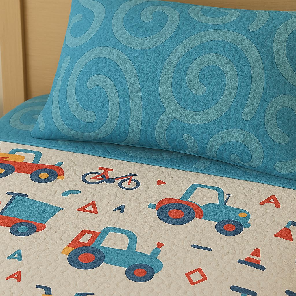 DECASATEXTIL - Colcha Infantil para Cama de 90 - Diversos Diseños para los Más Peques - Encanto y Fantasía en la Cama Infantil - 100% Microfibra (Cama 90/105cm- 180x265cm, Camiones)
