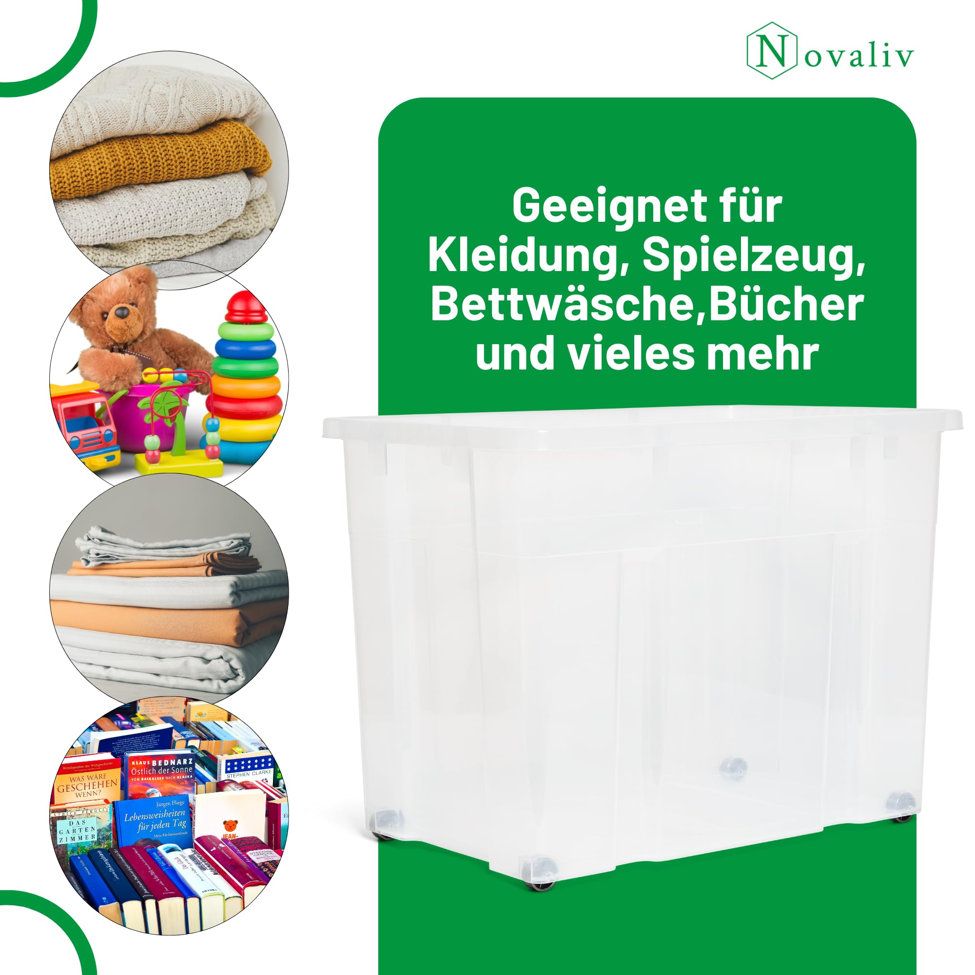 Novaliv 4x XXL Aufbewahrungsboxen ohne Deckel Groß 80L transparente nestbar stapelbar Rollboxen Kunststoff BPA-frei 59x39x44 cm