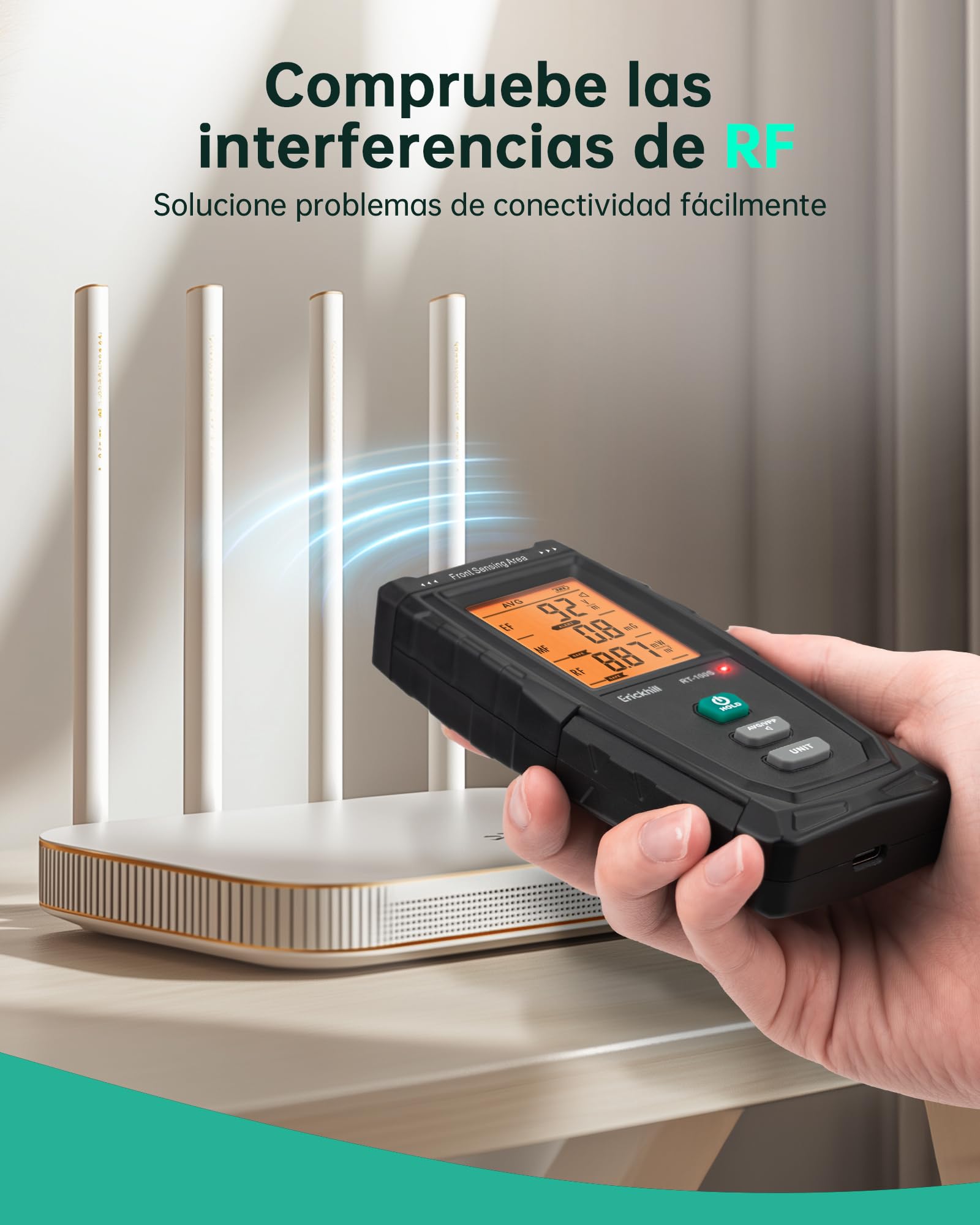 ERICKHILL Medidor EMF RT-100S, Prueba EF/MF/RF, Campo Magnético Recargable, Detector de Radiación de Interfaz Dual Digital/Gráfico, Pantalla LCD Digital, para Hogar, Oficina, Exterior