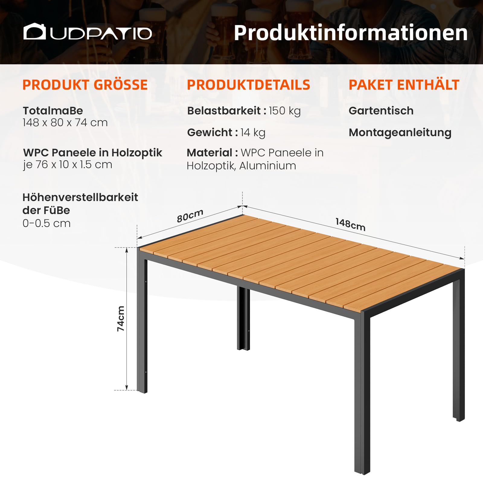 UDPATIO Gartentisch Wetterfest mit Aluminiumrahmen, 148 x 80 x 74 cm Outdoor WPC Tisch Holzmaserung-Finish, Balkontisch für 4-6 Personen,Garten,Terrasse,Teakbraun+Dunkelgrau