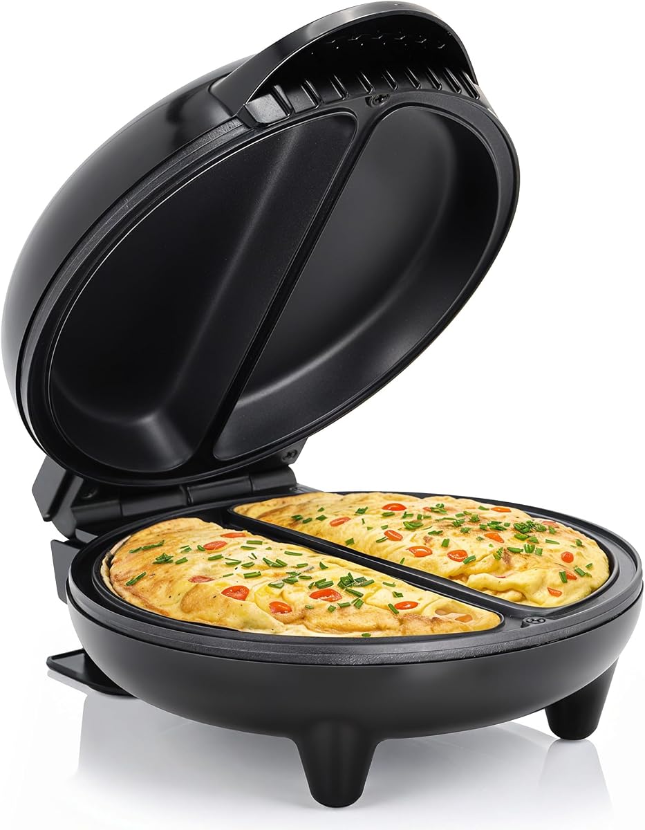 Elite Gourmet EOM205 Non-Stick Omelet & Frittata Maker, 6.5-Inch, Black | Makes 2 individual omelets, frittatas, or snack pockets at once - steel cooking plates for quick breakfasts