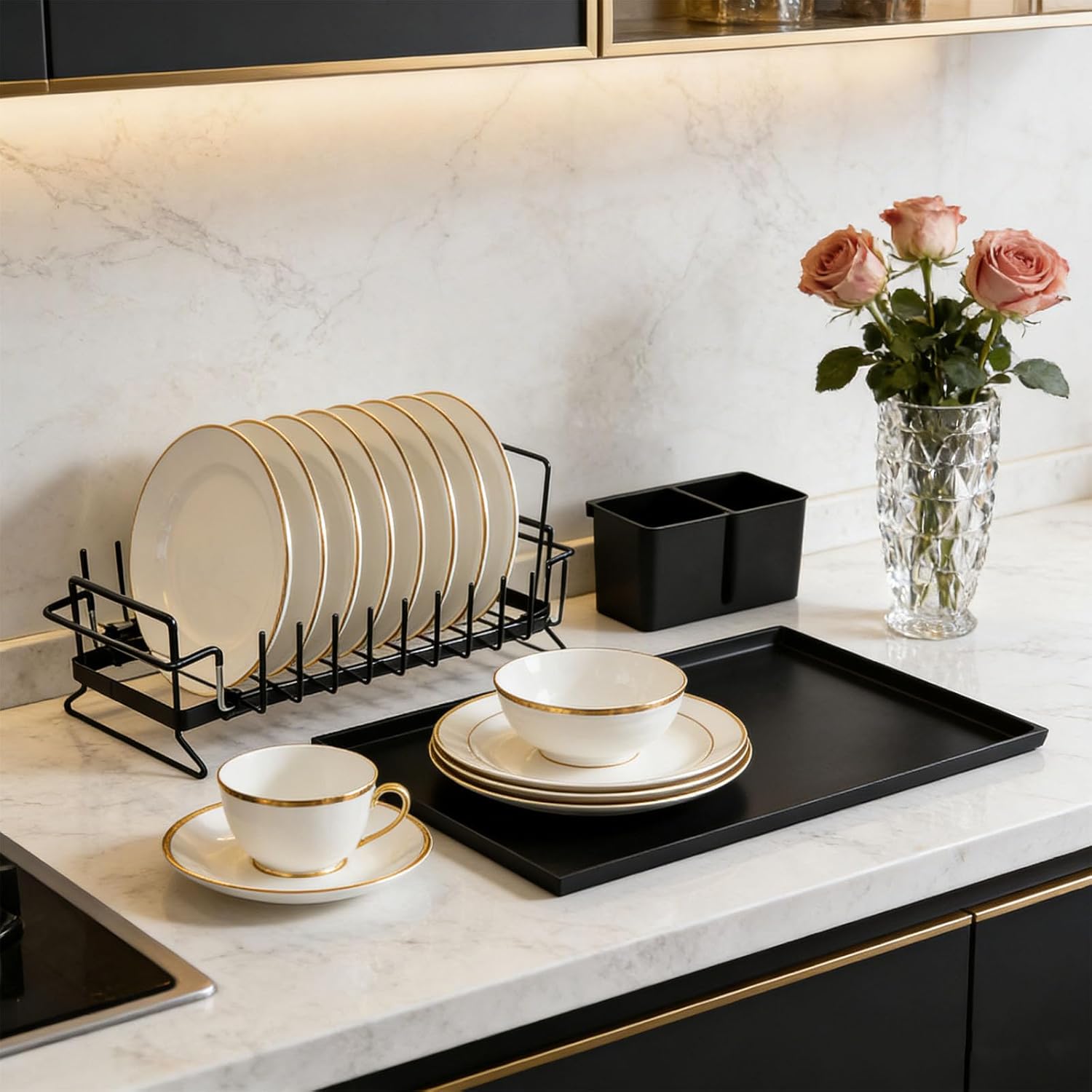 Metal Expandable Dish Rack and Nonslip Silicone Drying Mat Cutlery Holders for Quick Water Drainages in Homes Kitchen Kitchen Sink Dish Rack