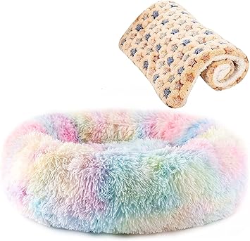 AmazinglyCat Marshmallow Cat & Small Dog Bed ? Extra Fluffy, Round Cat Bed with Non-Slip Bottom + Throw Blanket Calms Pets with Softness & Warmth ? Donut Bed & Pet Essentials, Rainbow, 23 in.