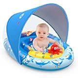 EZIGO Baby Pool Float with Canopy UPF50+ Sun Protection, Inflatable Kids Pool Floats with Ocean Animal Toys for Baby 6-36 Months, Infant Swimming Float with Adjustable Safety Seat for Boys Girls