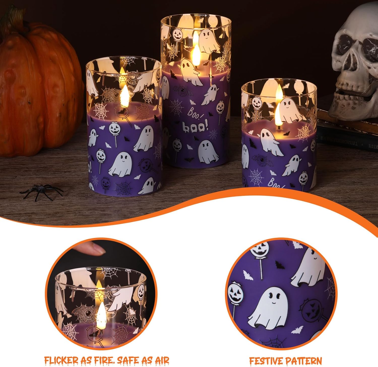 Purple Glass Flameless Pillar Candles with Remote, Halloween Flickering LED Wax Candles Battery Powered Set of 3