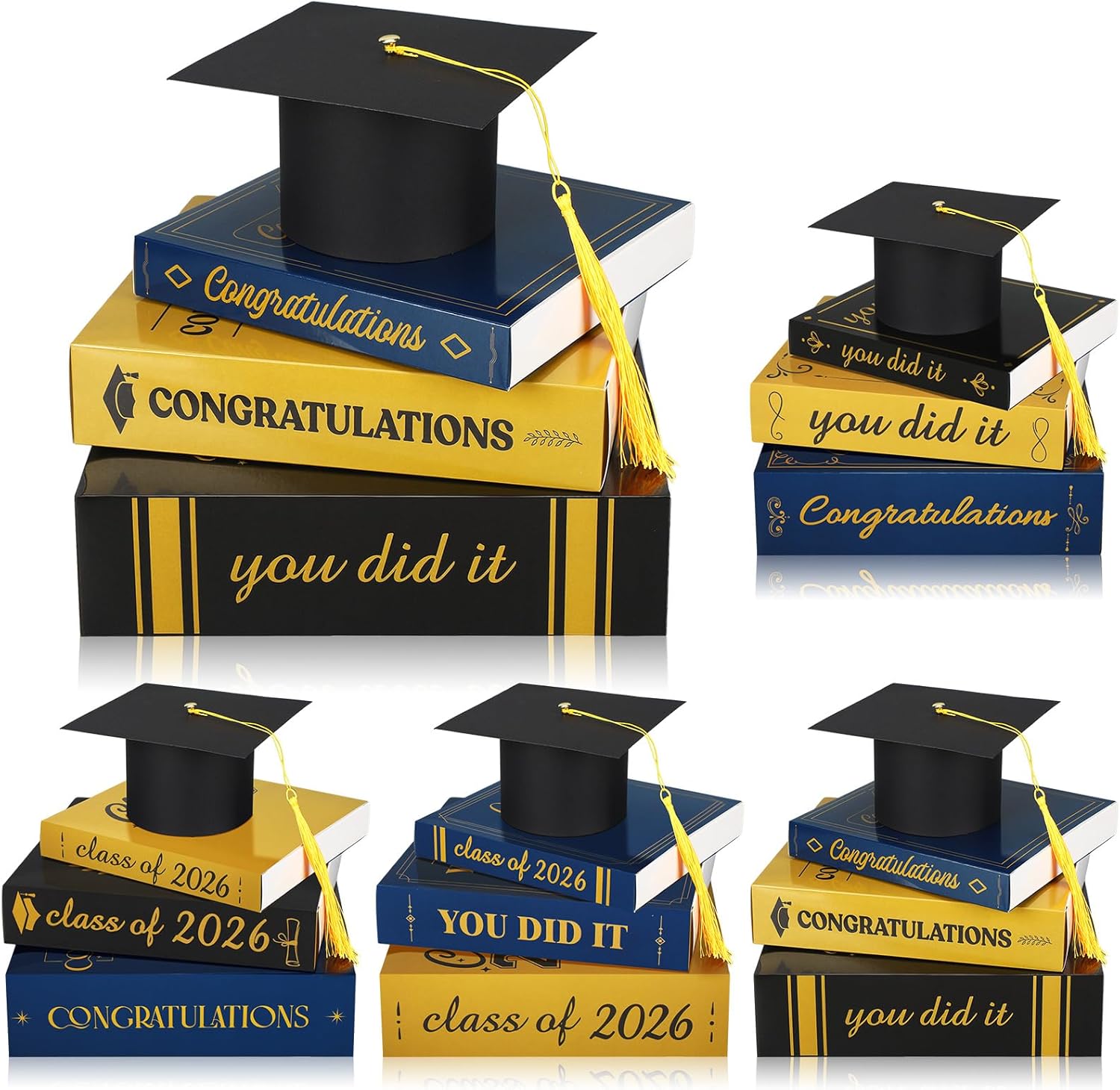 Dunzoom 4 Sets Graduation Tables Centerpieces Class of 2026, 4 Pcs Graduation Cap and 12 Pcs Paper Book Stack Sign Table Toppers, Party Decor Supplies for High School College Bachelor (Gold)