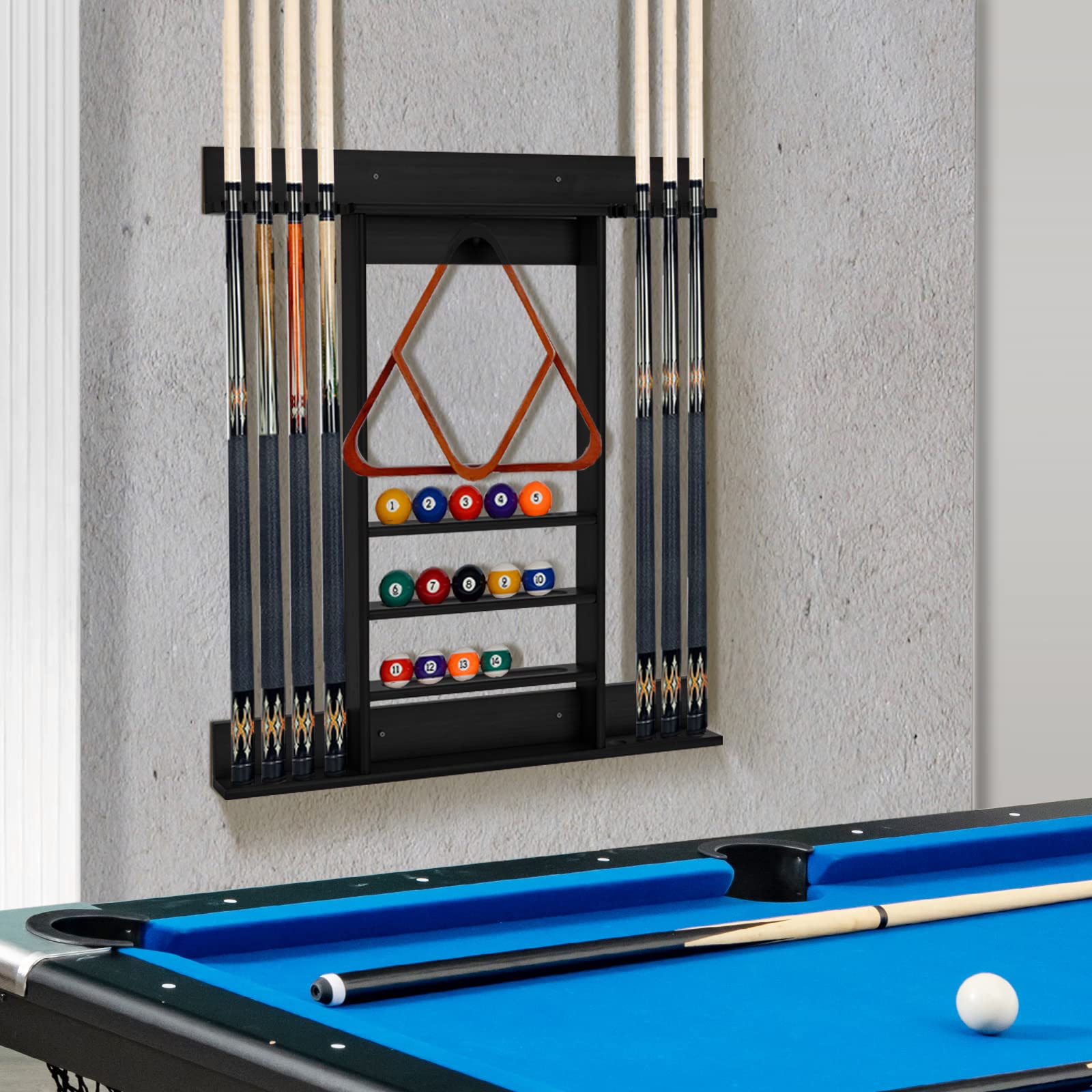 GYMAX Porte Queue Billard Mural en Bois de Pin avec 8 Trous, Support de Queues de Billard pour Salle de Jeu, Club, Bar (Noir)
