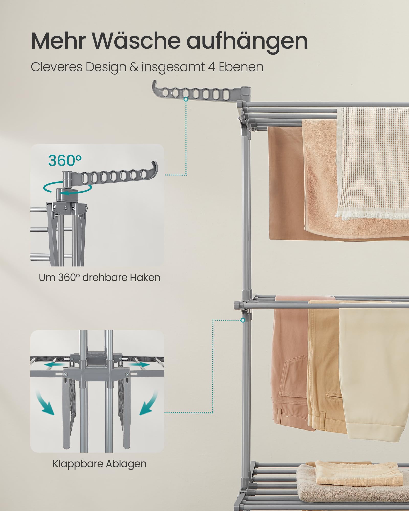 SONGMICS Wäscheständer, Standtrockner 4 Ebenen, ausziehbar, Flügelwäscheständer, klappbare Flügel, mit Rollen, 63,5 x (131-200) x 177,5 cm, groß, einfacher Aufbau, Taubengrau LLR704G01