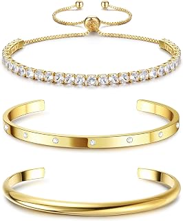 Fansilver 3PCS 14K Gold Plated Bracelets for Women - Adjustable Stackable Tennis Bangle Cuff Set with Cubic Zirconia Sparkle